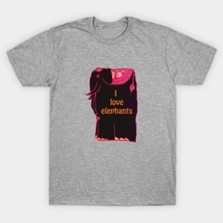 Fanciful black elephant wearing colorful blanket - for those who say I Love Elephants. T-Shirt